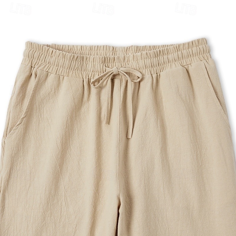 Men's Linen Pants Trousers Summer Pants Beach Pants Drawstring Elastic Waist Straight Leg Plain Comfort Breathable Casual Daily Holiday Fashion Classic Style Light Khaki Black