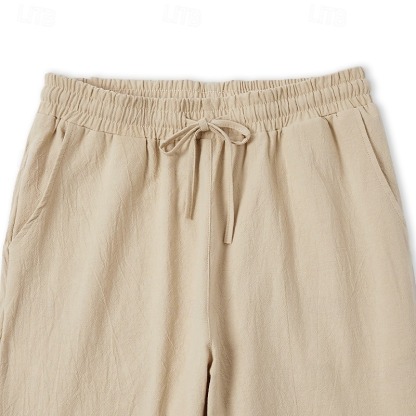 Men's Linen Pants Trousers Summer Pants Beach Pants Drawstring Elastic Waist Straight Leg Plain Comfort Breathable Casual Daily Holiday Fashion Classic Style Light Khaki Black