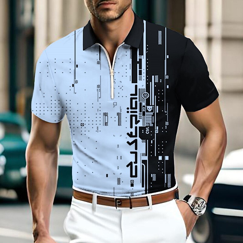 Men's Zip Polo Lapel Polo Polo Shirt Golf Shirt Graphic Prints Geometry Turndown Blue-Green White Blue Green Khaki Outdoor Street Short Sleeves Zipper Print Clothing Apparel Fashion Designer Casual