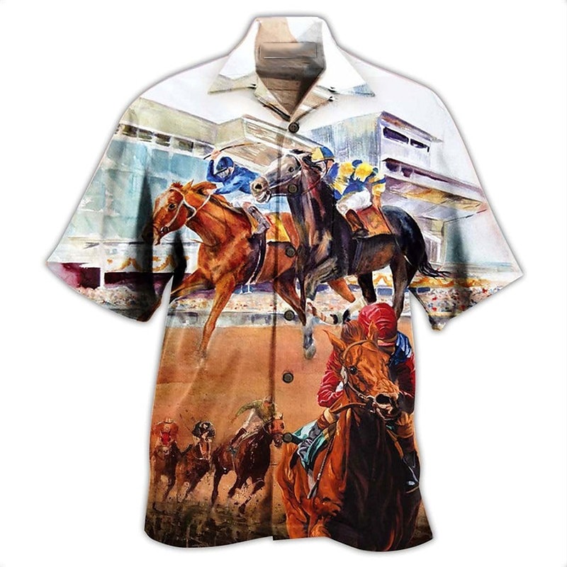 Kentucky Derby Men's Horse American Flag Horse Racing Shirt Summer Hawaiian Shirt Button Up Shirt Short Sleeve Sports Fashion Streetwear Outdoor Casual Hawaiian Summer Spring Cuban Collar Print