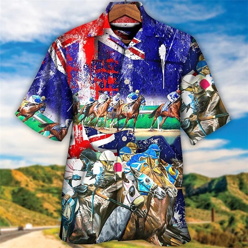 Kentucky Derby Men's Horse American Flag Horse Racing Shirt Summer Hawaiian Shirt Button Up Shirt Short Sleeve Sports Fashion Streetwear Outdoor Casual Hawaiian Summer Spring Cuban Collar Print