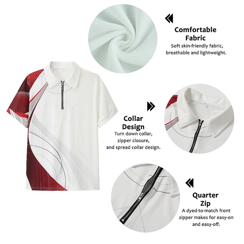 Men's Geometric Zip Polo Shirts Golf Shirt Short Sleeve Polo Shirts Collared Shirts Business Casual Vacation Wear Formal Wear Festival Wear 3D Print Quarter Zip Polo Yellow Army Green Red