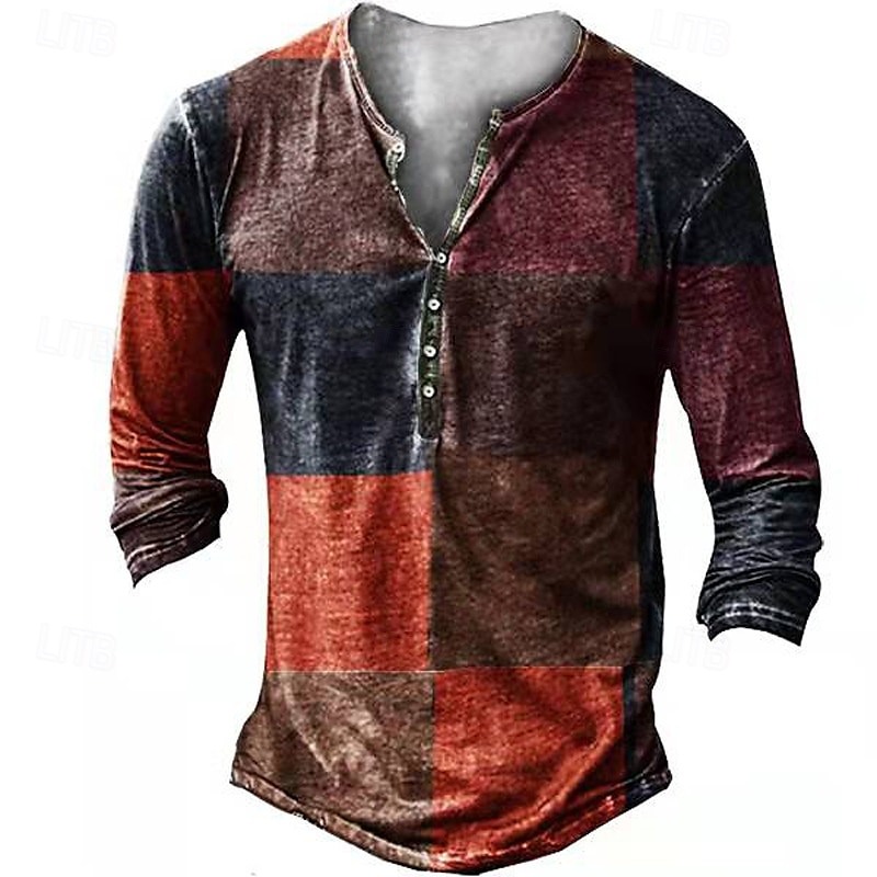 Men's Faux Patchwork Pattern T Shirt Henley Shirt Tee Long Sleeve Vintage Designer Stylish Outdoor Daily Sports Spring & Summer Brown Green Red Henley Henley T-Shirt