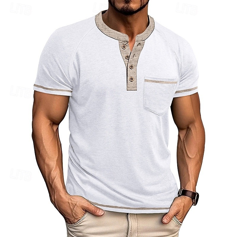 Men's T Shirt Henley Shirt Short Sleeve Shirt Tee Top Short Sleeve Henley Summer Color Block Solid / Plain Color Fashion Designer Fashion Vacation Street Going out Navy Black White Top Tee for Men