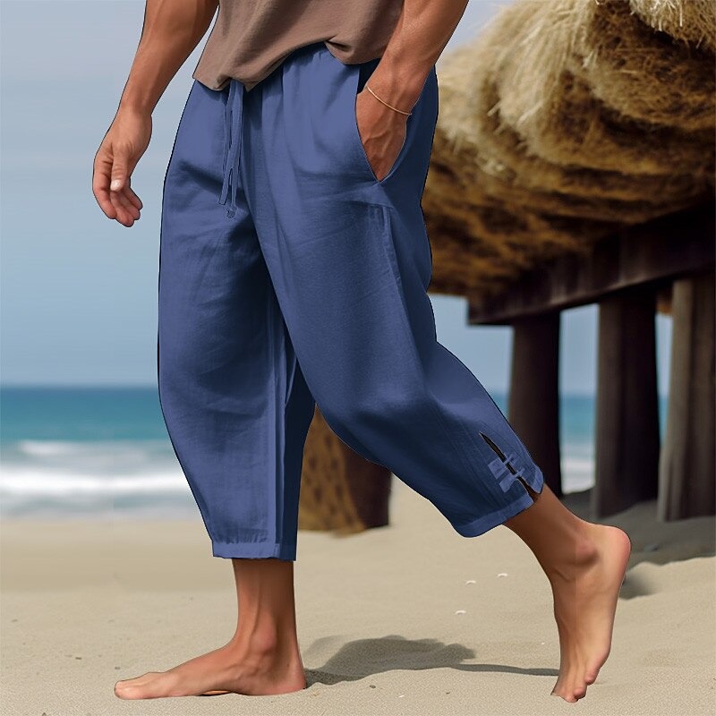 Men's Linen Pants Summer Pants Cropped Pants Beach Pants Drawstring Elastic Waist Plain Comfort Breathable Calf-Length Casual Daily Holiday Fashion Classic Style Black White