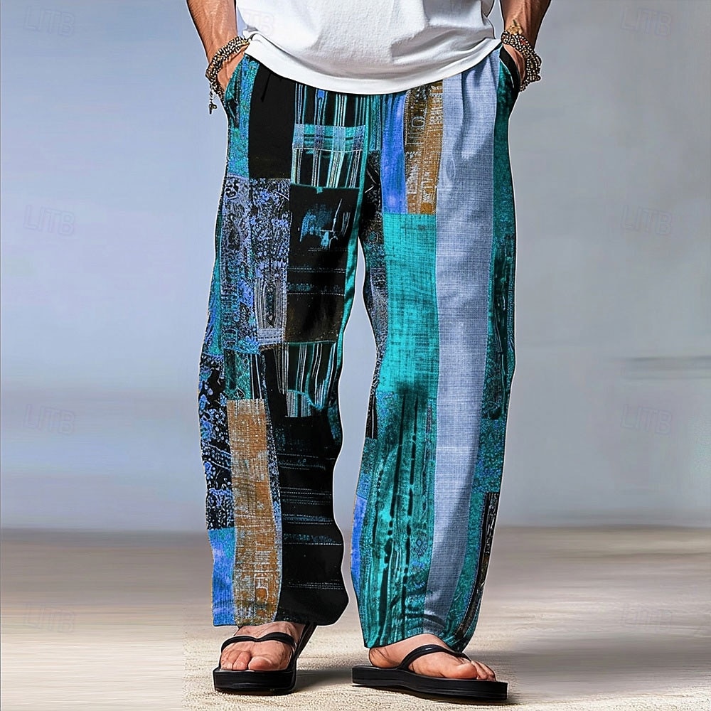 Men's Color Block Patchwork Pants Trousers Mid Waist Drawstring Elastic Waist Hawaiian Casual Outdoor Party Evening Wear Holiday Straight Leg Trousers Summer Spring Fall 3D Print Red Blue Green