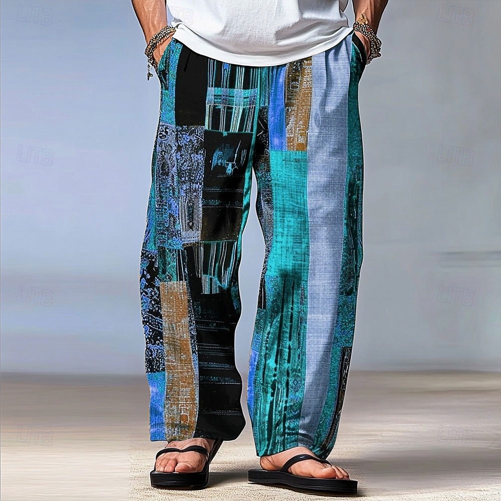 Men's Color Block Patchwork Pants Trousers Mid Waist Drawstring Elastic Waist Hawaiian Casual Outdoor Party Evening Wear Holiday Straight Leg Trousers Summer Spring Fall 3D Print Red Blue Green
