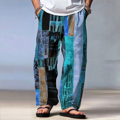 Men's Color Block Patchwork Pants Trousers Mid Waist Drawstring Elastic Waist Hawaiian Casual Outdoor Party Evening Wear Holiday Straight Leg Trousers Summer Spring Fall 3D Print Red Blue Green