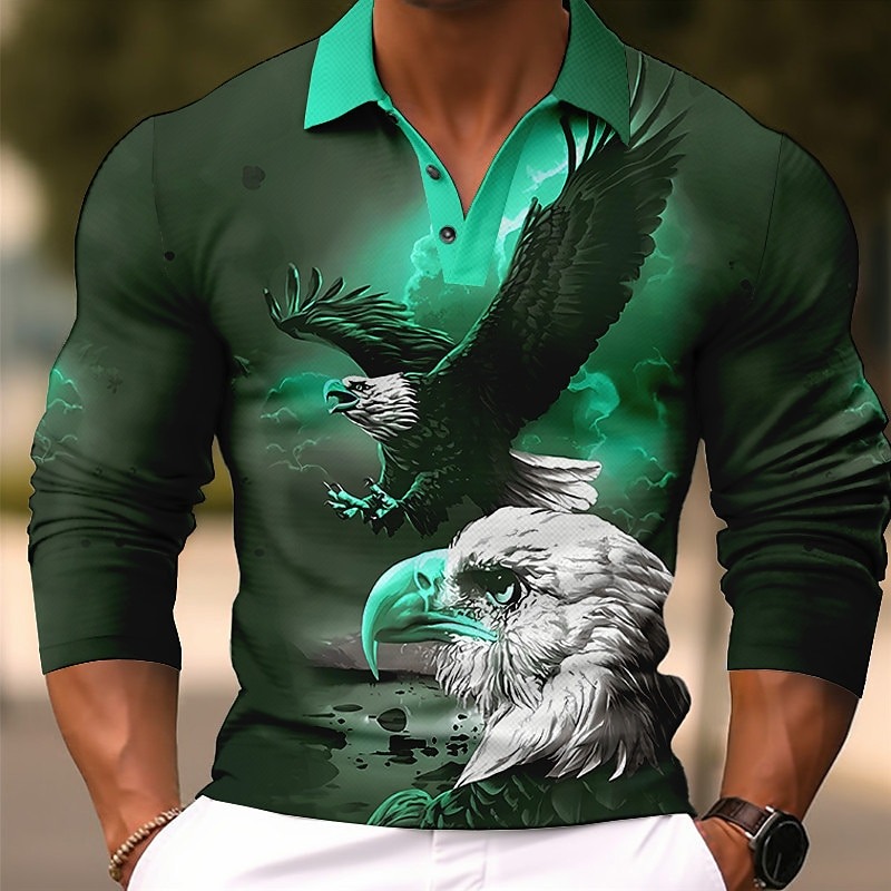 Men's Eagle Polo Shirts Golf Shirt Long Sleeve Polo Shirts Collared Shirts Casual Funny Streetwear Vacation Wear Party Outfits Buttons 3D Print Blue Orange Green