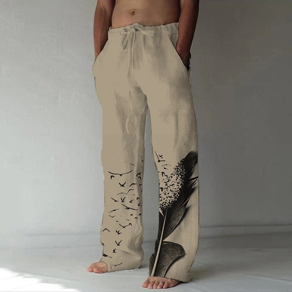 Men's Linen Pants Trousers Summer Pants Beach Pants Drawstring Side Pockets Elastic Waist Graphic Prints Feather Breathable Lightweight Yoga Daily For Vacation Casual Chinoiserie White Blue