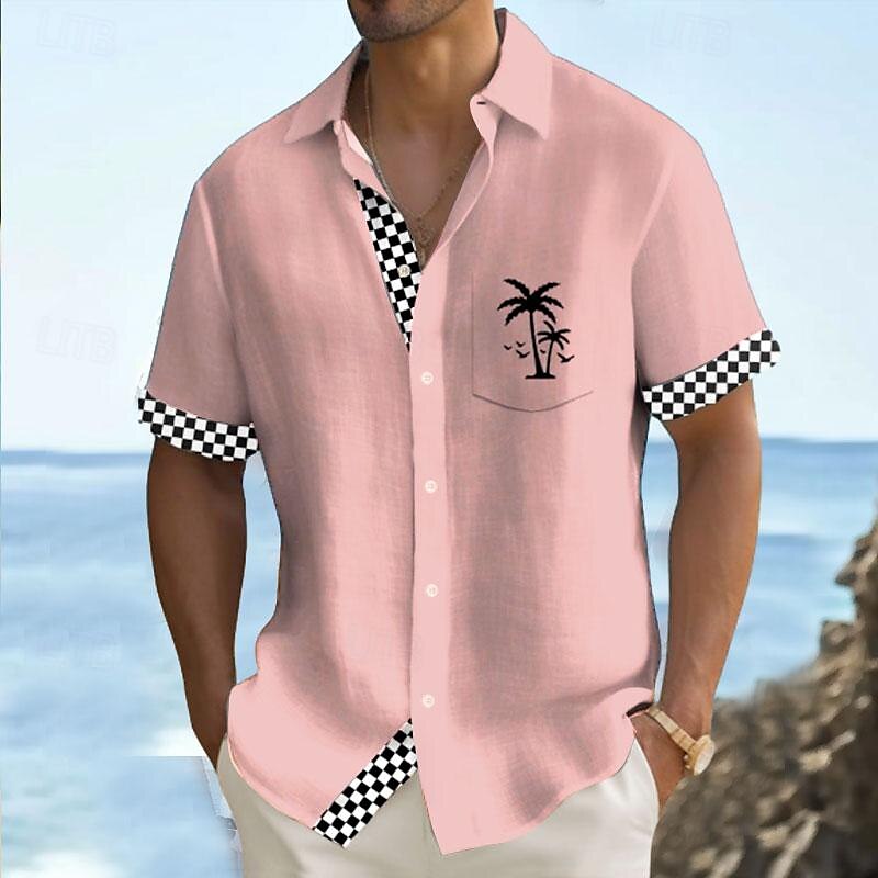 Solid Color Plaid Check Hawaiian Resort Men's Printed Shirts Outdoor Holiday Vacation Summer Turndown Short Sleeves Yellow, Pink, Blue S, M, L 4-Way Stretch Fabric Shirt
