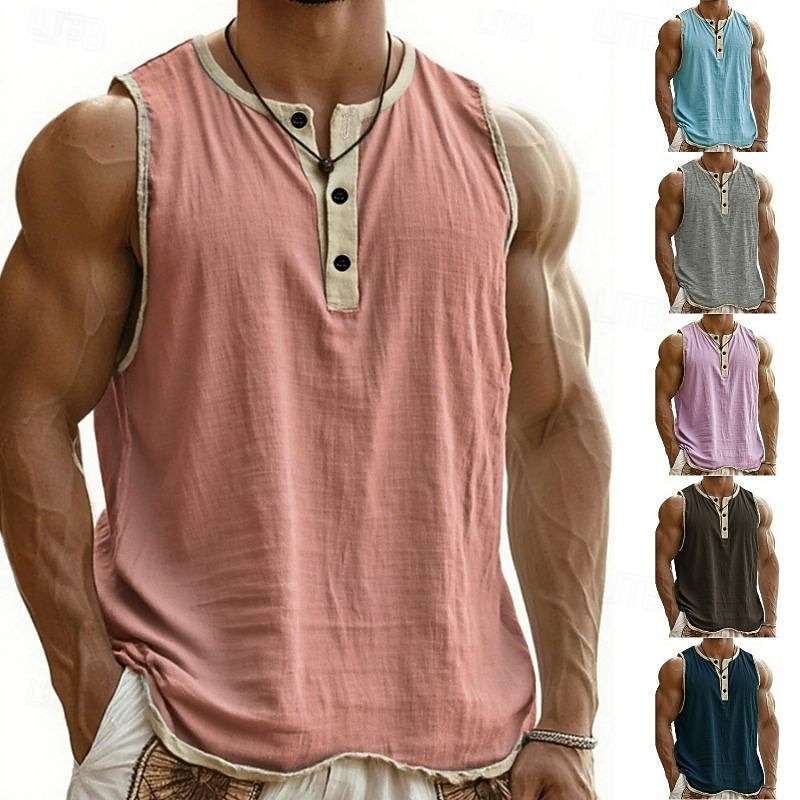  Men's Tank Top Vest Top Undershirt Sleeveless Shirt Sleeveless Henley Summer Plain Fashion Designer Basic Buttons Vacation Street Going out Black Pink Navy Blue Top Tee for Men