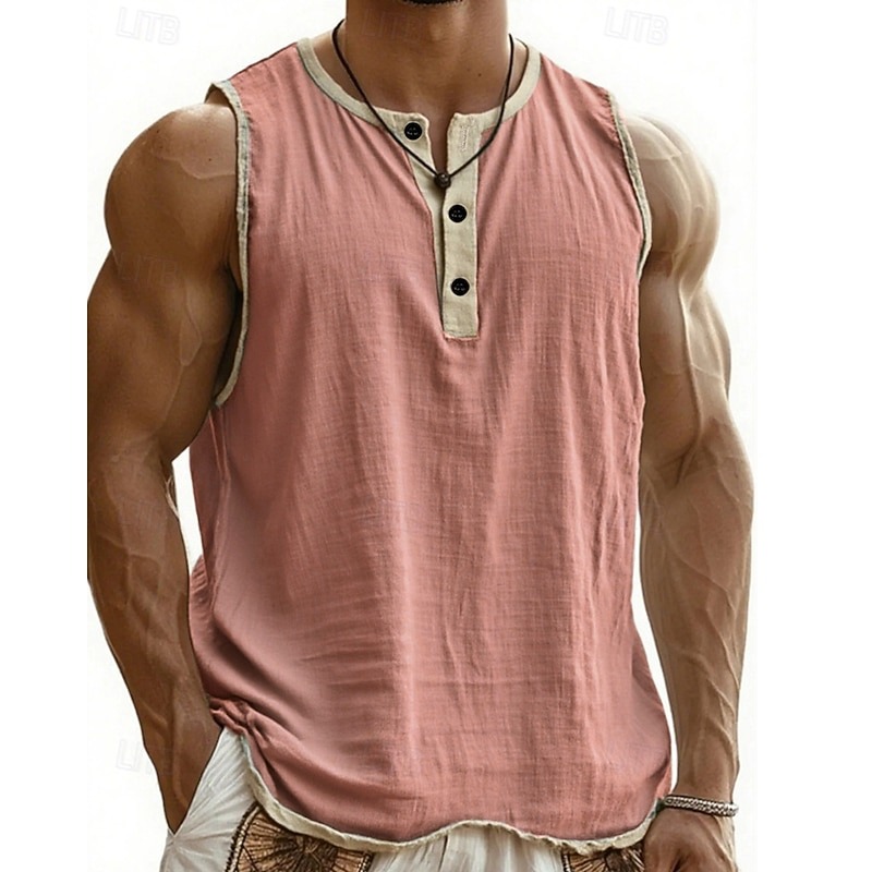 Men's Tank Top Vest Top Undershirt Sleeveless Shirt Sleeveless Henley Summer Plain Fashion Designer Basic Buttons Vacation Street Going out Black Pink Navy Blue Top Tee for Men