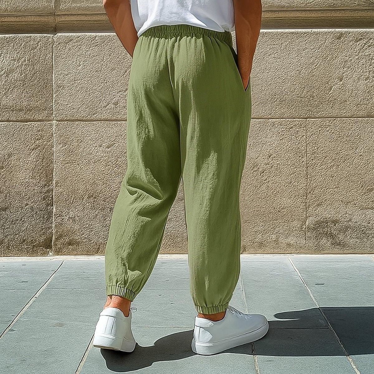 Men's Linen Pants Trousers Summer Pants Baggy Pants Elastic Cuff Plain Comfort Breathable Full Length Casual Daily Holiday Vacation Fashion Black White