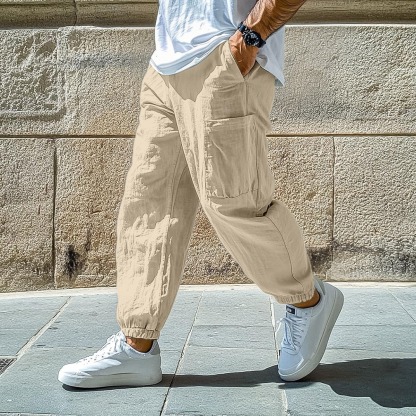 Men's Linen Pants Trousers Summer Pants Baggy Pants Elastic Cuff Plain Comfort Breathable Full Length Casual Daily Holiday Vacation Fashion Black White