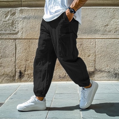Men's Linen Pants Trousers Summer Pants Baggy Pants Elastic Cuff Plain Comfort Breathable Full Length Casual Daily Holiday Vacation Fashion Black White