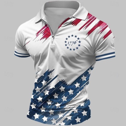 American Independence Day Men's American Flag Veterans Zip Polo Shirts Golf Shirt Short Sleeve Polo Shirts Collared Shirts Casual Streetwear Vacation Wear Party Outfits 3D Print Quarter Zip Polo