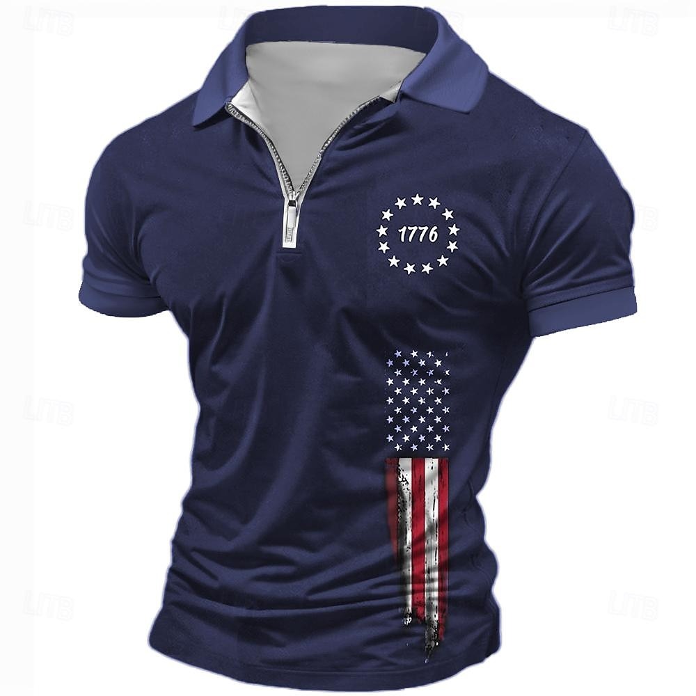 American Independence Day Men's American Flag Veterans Zip Polo Shirts Golf Shirt Short Sleeve Polo Shirts Collared Shirts Casual Streetwear Vacation Wear Party Outfits 3D Print Quarter Zip Polo