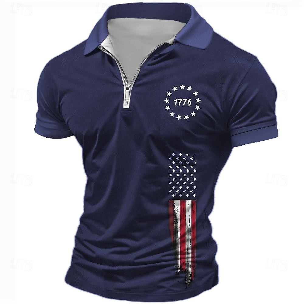 American Independence Day Men's American Flag Veterans Zip Polo Shirts Golf Shirt Short Sleeve Polo Shirts Collared Shirts Casual Streetwear Vacation Wear Party Outfits 3D Print Quarter Zip Polo