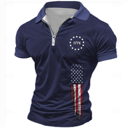 American Independence Day Men's American Flag Veterans Zip Polo Shirts Golf Shirt Short Sleeve Polo Shirts Collared Shirts Casual Streetwear Vacation Wear Party Outfits 3D Print Quarter Zip Polo