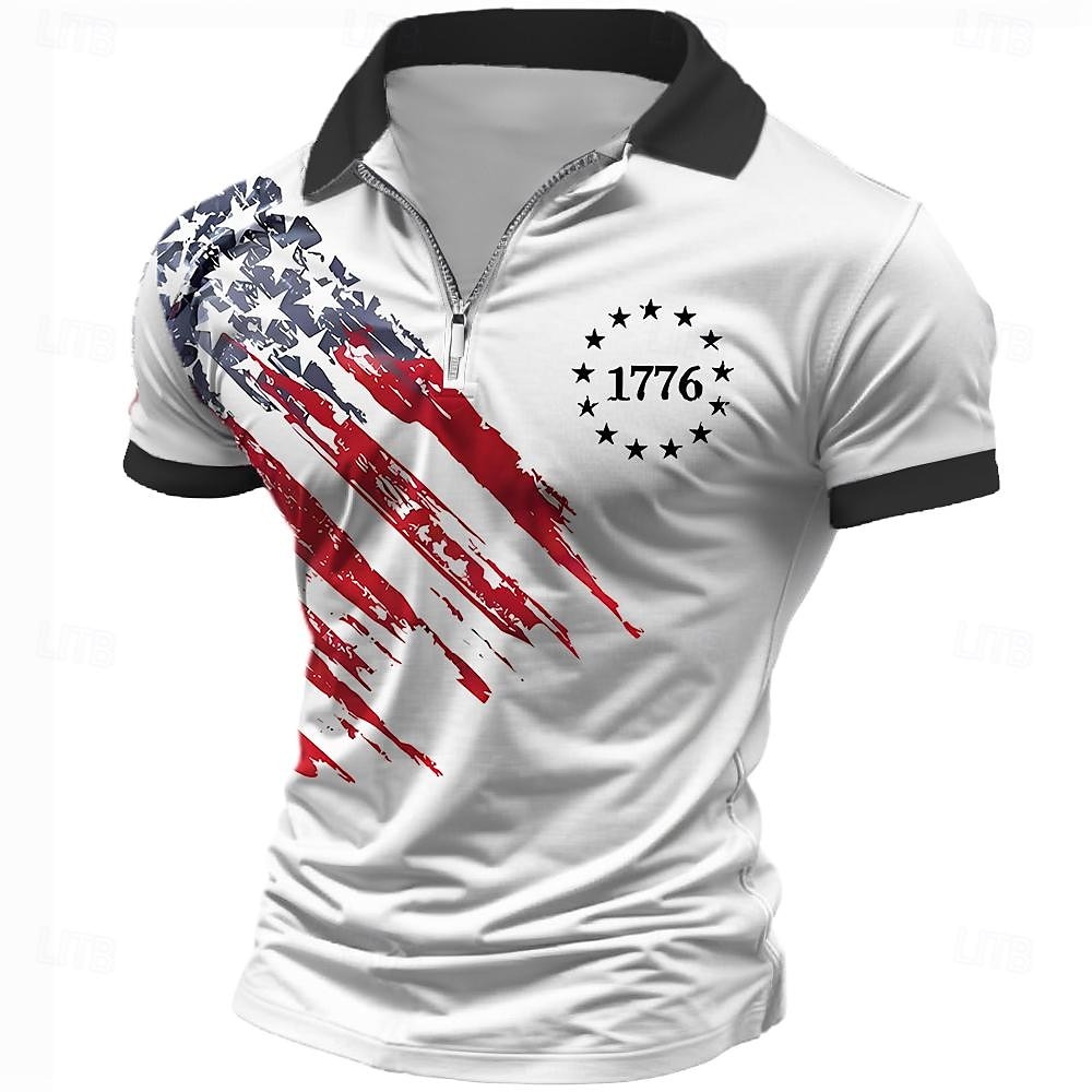 American Independence Day Men's American Flag Veterans Zip Polo Shirts Golf Shirt Short Sleeve Polo Shirts Collared Shirts Casual Streetwear Vacation Wear Party Outfits 3D Print Quarter Zip Polo
