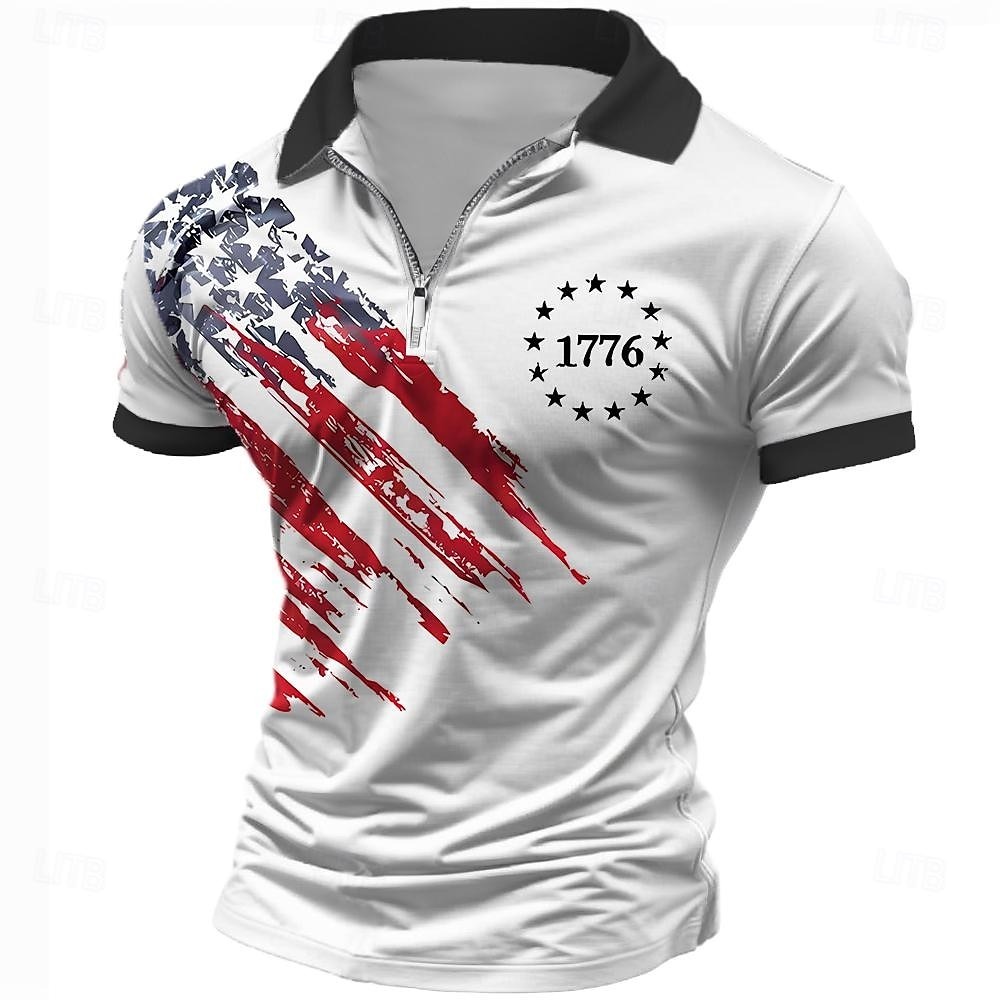 American Independence Day Men's American Flag Veterans Zip Polo Shirts Golf Shirt Short Sleeve Polo Shirts Collared Shirts Casual Streetwear Vacation Wear Party Outfits 3D Print Quarter Zip Polo