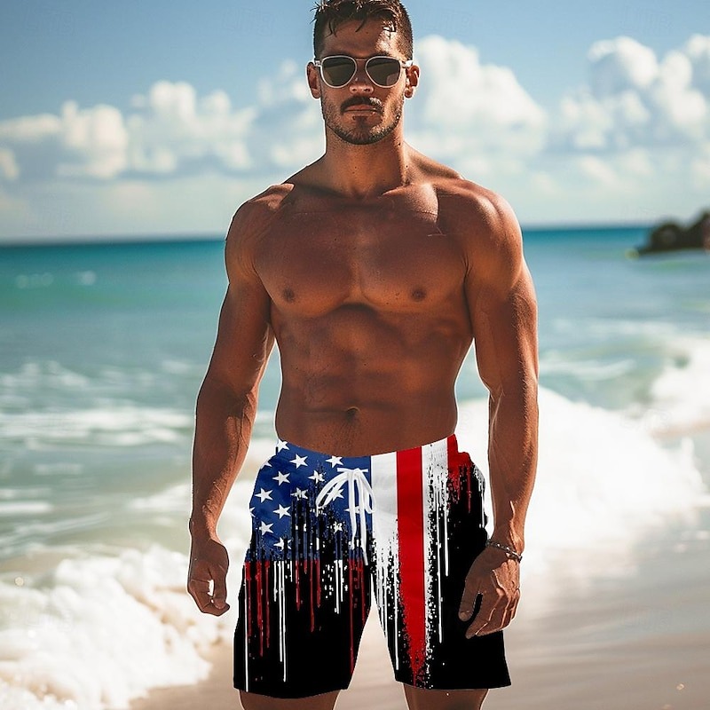 Men's Flag American Flag National Flag Swimming Trunks Board Shorts Shorts Mid Waist Fashion Streetwear Hawaiian Casual Daily Holiday Pocket Drawstring Elastic Waist Designer Clothing Apparel