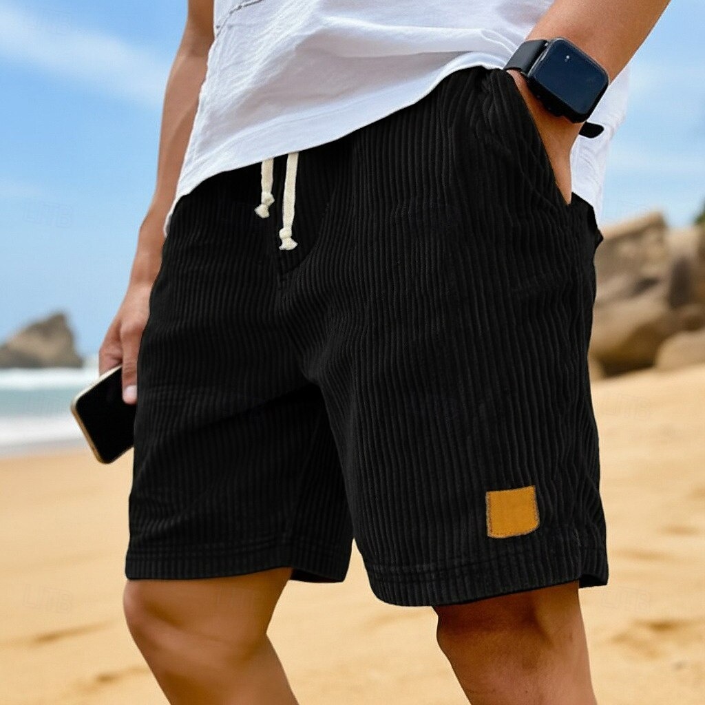  Men's Summer Shorts Beach Shorts Casual Shorts Corduroy Shorts Drawstring Elastic Waist Solid Color Comfort Breathable Knee Length Daily Outdoor Holiday Vacation Fashion Black White Micro-elastic