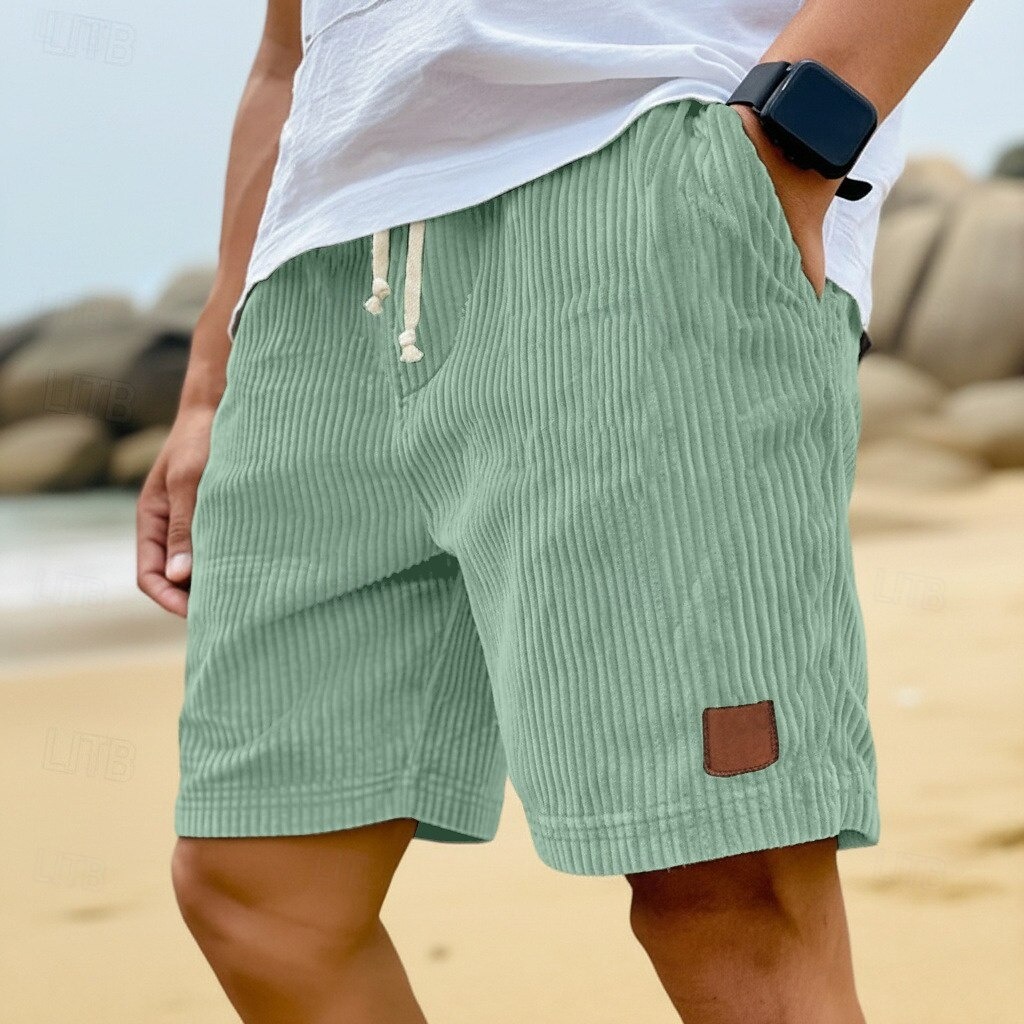  Men's Summer Shorts Beach Shorts Casual Shorts Corduroy Shorts Drawstring Elastic Waist Solid Color Comfort Breathable Knee Length Daily Outdoor Holiday Vacation Fashion Black White Micro-elastic