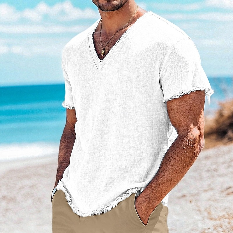 Men's Tee Top Linen T-Shirt Short Sleeves V Neck Summer Plain Fashion Designer Basic Soft Vacation Casual Daily Beach Light Blue White Pink Top Tee for Men
