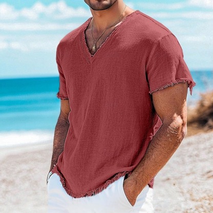 Men's Tee Top Linen T-Shirt Short Sleeves V Neck Summer Plain Fashion Designer Basic Soft Vacation Casual Daily Beach Light Blue White Pink Top Tee for Men