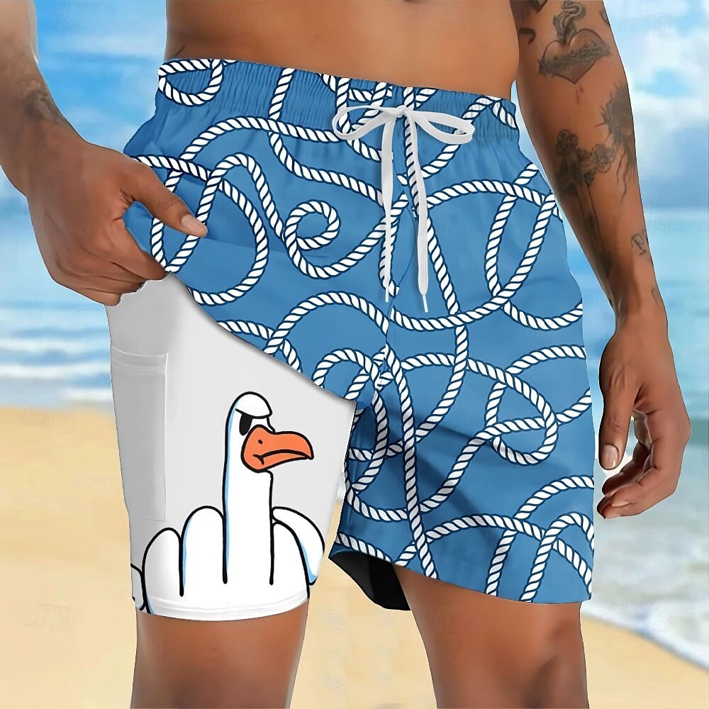 Men's Animal Funny Duck Lined Shorts 2 in 1 Board Shorts Swim Shorts Mid Waist Hawaiian Vacation Holiday Beach Wear Side Pockets With Compression Liner Elastic Drawstring Waist Designer Clothing