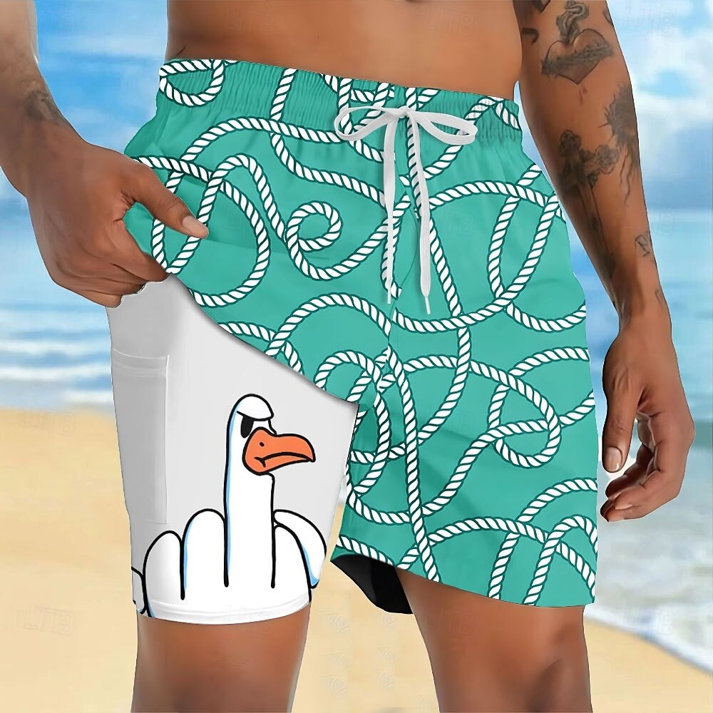 Men's Animal Funny Duck Lined Shorts 2 in 1 Board Shorts Swim Shorts Mid Waist Hawaiian Vacation Holiday Beach Wear Side Pockets With Compression Liner Elastic Drawstring Waist Designer Clothing
