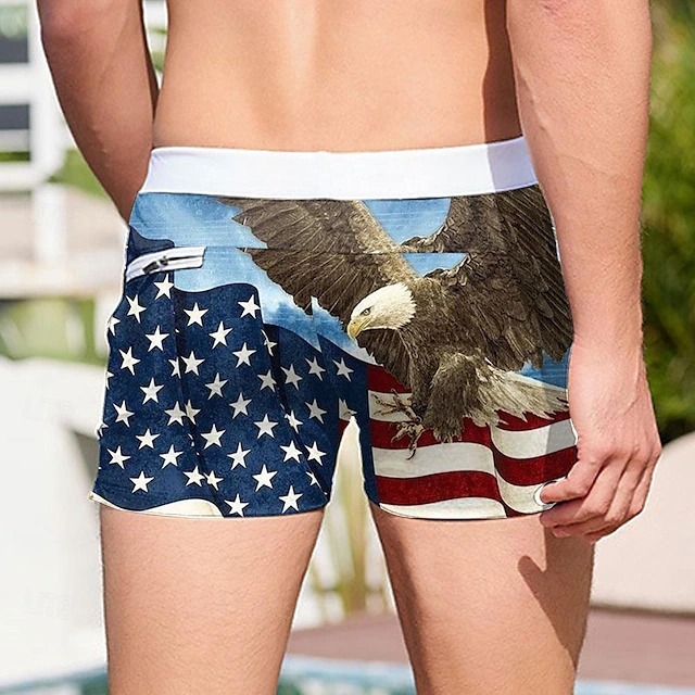 Men's Flag Eagle American Flag Swim Trunks Swim Shorts Board Shorts Mid Waist Fashion Designer Surfing Holiday Beach Pocket Drawstring Elastic Waist Designer Clothing Apparel