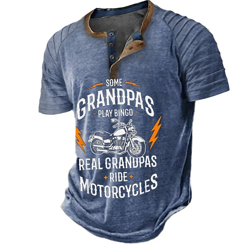 Papa Shirts Motorcycle Vintage Mens 3D Shirt For Birthday | Brown Summer Cotton | Henley Raglan Letter Graphic Prints Clothing Apparel Outdoor Daily Short Sleeve Patchwork Pleats Fashion