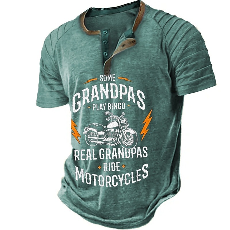 Papa Shirts Motorcycle Vintage Mens 3D Shirt For Birthday | Brown Summer Cotton | Henley Raglan Letter Graphic Prints Clothing Apparel Outdoor Daily Short Sleeve Patchwork Pleats Fashion