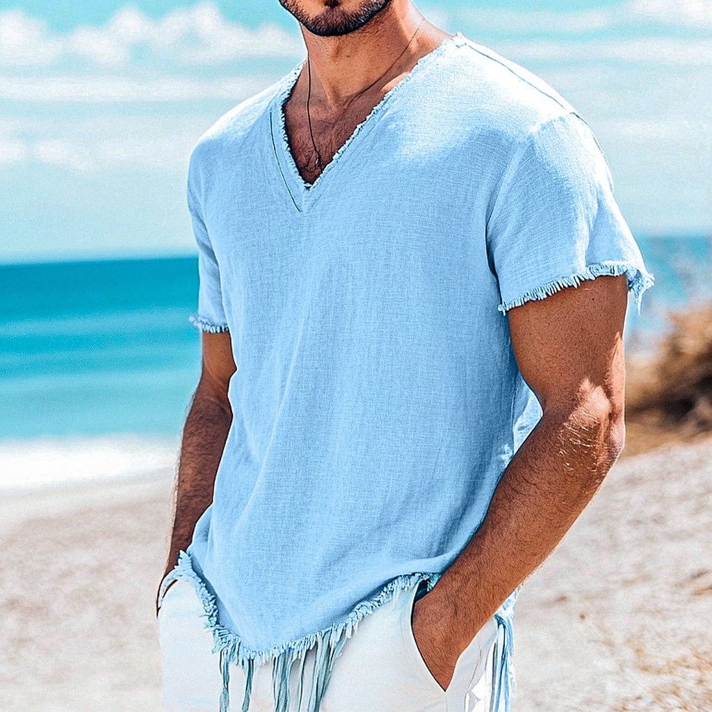 Men's Tee Top Linen T-Shirt Short Sleeves V Neck Summer Plain Fashion Designer Basic Soft Vacation Casual Daily Beach Light Blue White Pink Top Tee for Men