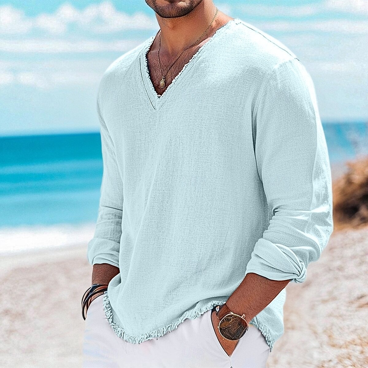  Men's Linen T-Shirt Long Sleeve V Neck Summer Spring Solid Color Vintage Bohemian Casual Raw Edge Vacation Street Casual White Pink Light Blue Top Tee for Men