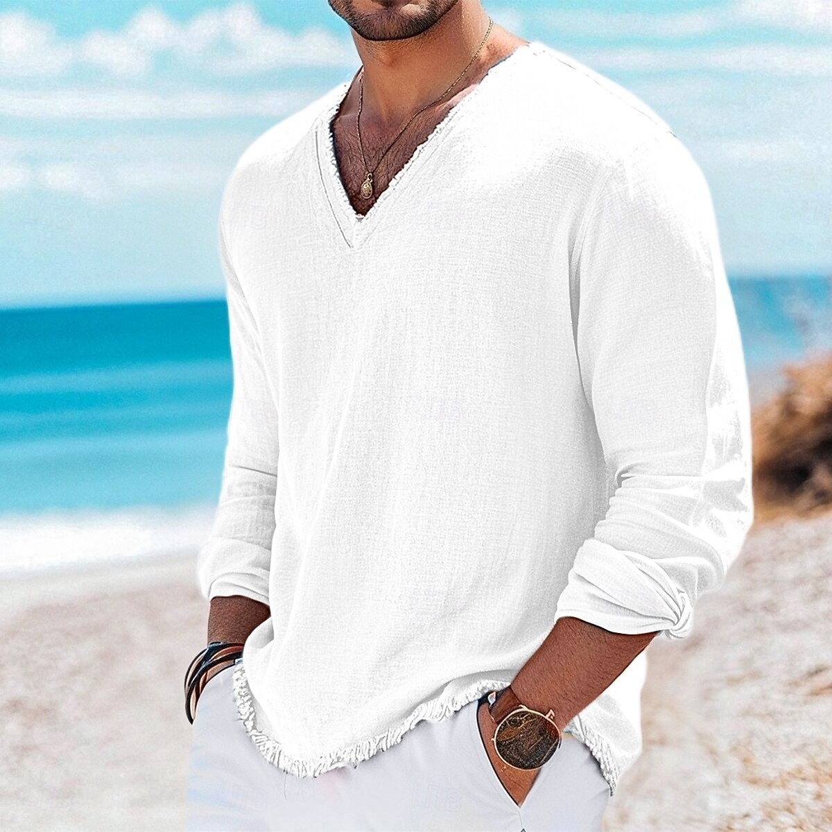  Men's Linen T-Shirt Long Sleeve V Neck Summer Spring Solid Color Vintage Bohemian Casual Raw Edge Vacation Street Casual White Pink Light Blue Top Tee for Men