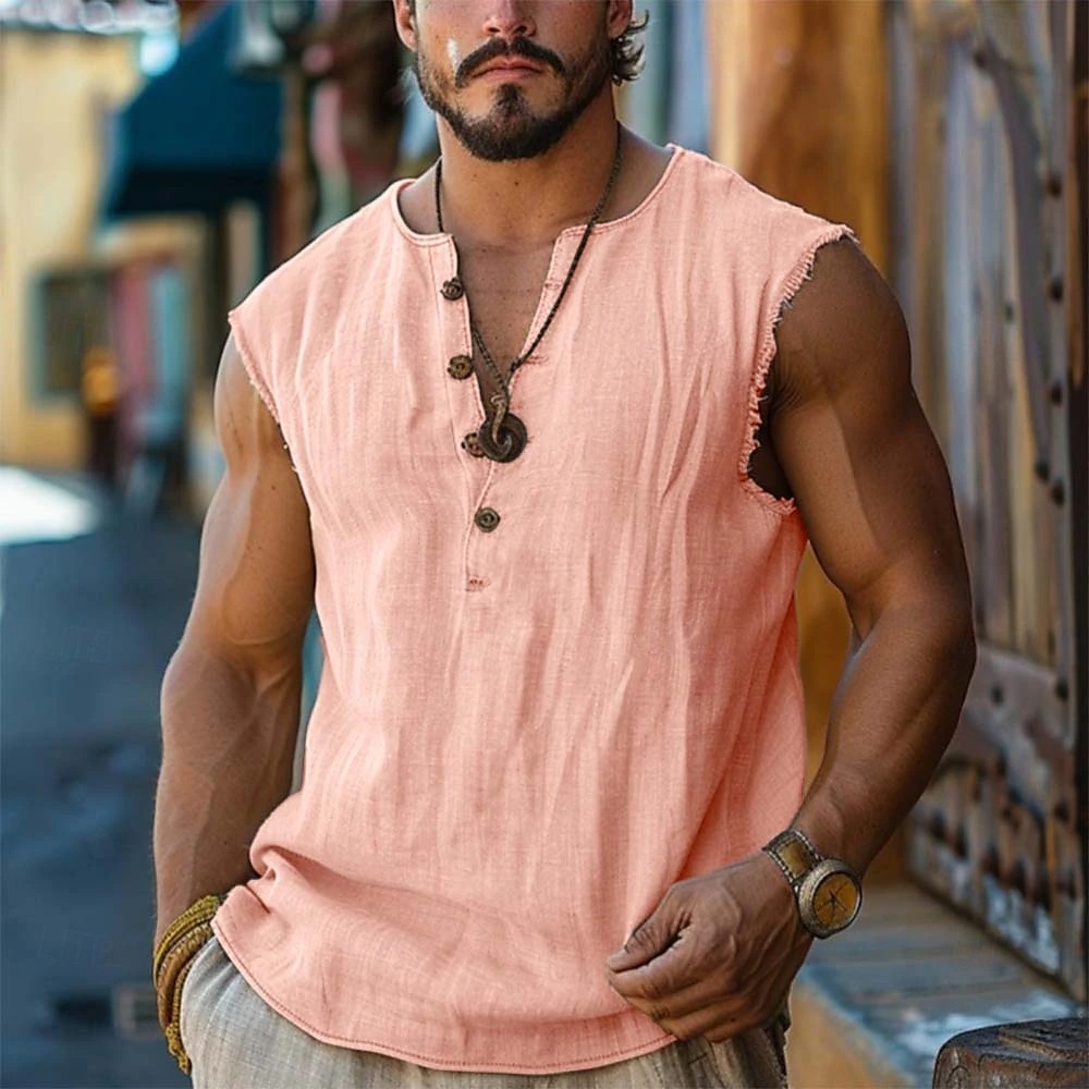  Men's Henley Shirt Vest Top Linen Tank Top Sleeveless Shirt Sleeveless Henley Summer Plain Fashion Designer Bohemian Buttons Vacation Casual Going out Black White Pink Top Tee for Men