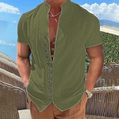 Men's Linen Shirt Summer Shirt Beach Wear Button Up Shirt Plain Vacation Curise Black White Pink Blue Short Sleeve Stand Collar Spring & Summer Clothing Apparel Basic