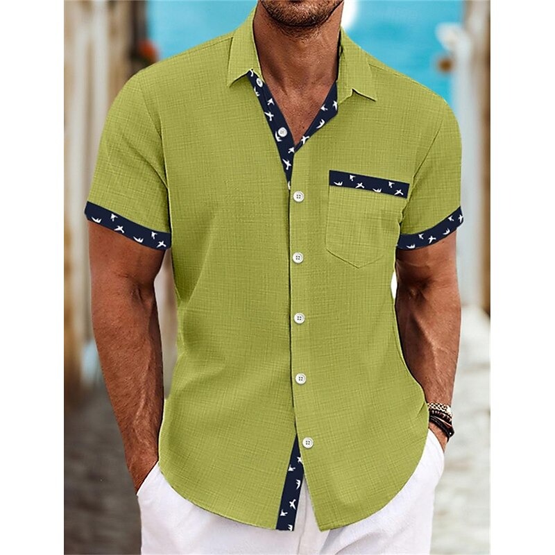 Men's Shirt Linen Shirt Summer Shirt Beach Wear Button Up Shirt White Blue Green Khaki Short Sleeve Plain Collar Summer Spring Casual Daily Clothing Apparel