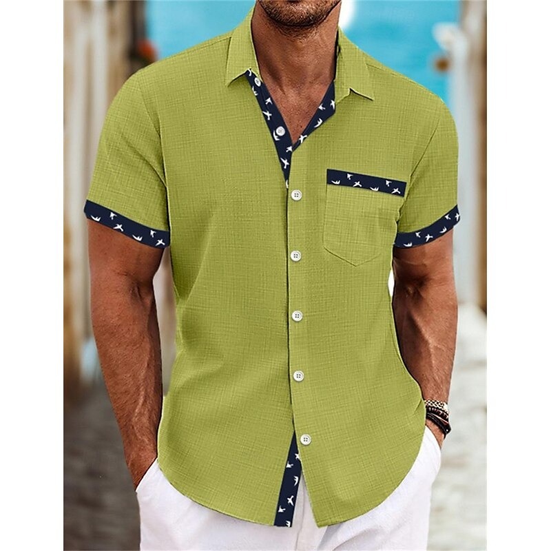 Men's Shirt Linen Shirt Summer Shirt Beach Wear Button Up Shirt White Blue Green Khaki Short Sleeve Plain Collar Summer Spring Casual Daily Clothing Apparel