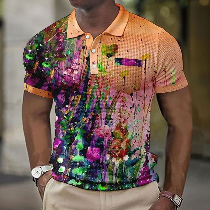 Men's Graphic Prints Waffle Polo Shirts Polo Shirts Lapel Polo Button Up Polos Golf Shirt Short Sleeve Shirt Turndown Outdoor Street Blue-Green Blue Purple Orange Green Print Clothing Apparel Fashion