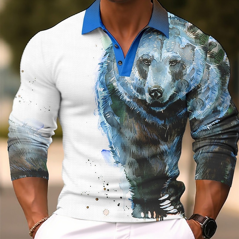 Men's Bear Polo Shirts Golf Shirt Long Sleeve Polo Shirts Collared Shirts Casual Funny Streetwear Vacation Wear Party Outfits Buttons 3D Print Blue-Green Yellow Blue