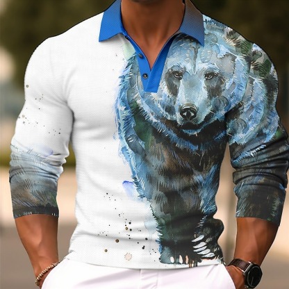 Men's Bear Polo Shirts Golf Shirt Long Sleeve Polo Shirts Collared Shirts Casual Funny Streetwear Vacation Wear Party Outfits Buttons 3D Print Blue-Green Yellow Blue