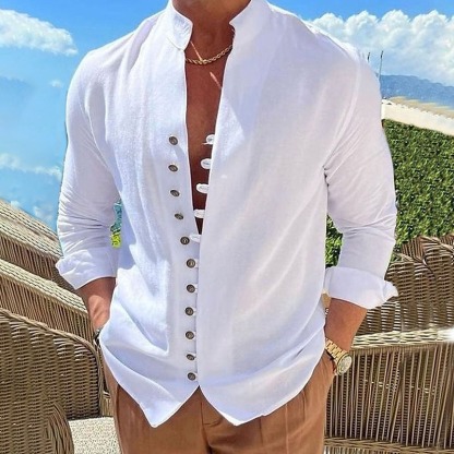 Men's Shirt Linen Shirt Summer Shirt Elegant Button Up Shirt Casual Shirt Black White Pink Blue Long Sleeve Plain Band Collar Summer Spring & Fall Daily Vacation Clothing Apparel