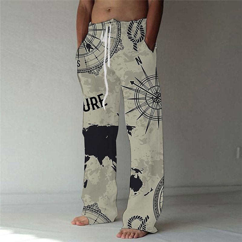 Men's Trousers Summer Pants Beach Pants Elastic Drawstring Design Front Pocket Straight Leg Graphic Prints Graffiti Comfort Soft Casual Daily Fashion Designer Black White