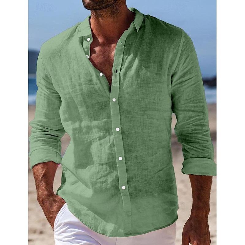 Men's Shirt Linen Shirt Summer Shirt Beach Wear Button Up Shirt Plain Casual Daily Black White Pink Navy Blue Long Sleeve Turndown Spring & Summer Clothing Apparel