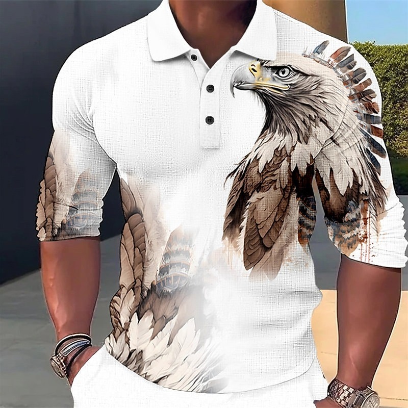 Men's Eagle Polo Shirts Golf Shirt Long Sleeve Polo Shirts Collared Shirts Casual Funny Streetwear Vacation Wear Party Outfits Buttons 3D Print Yellow Blue Purple